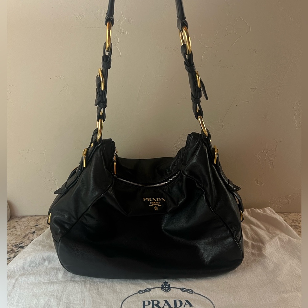 Prada Black Vitello leather hobo with gold hardware